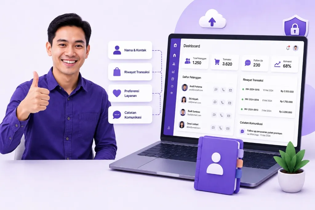 Dashboard database pelanggan terpusat Rannu CRM dengan profil, riwayat transaksi, dan catatan komunikasi pelanggan