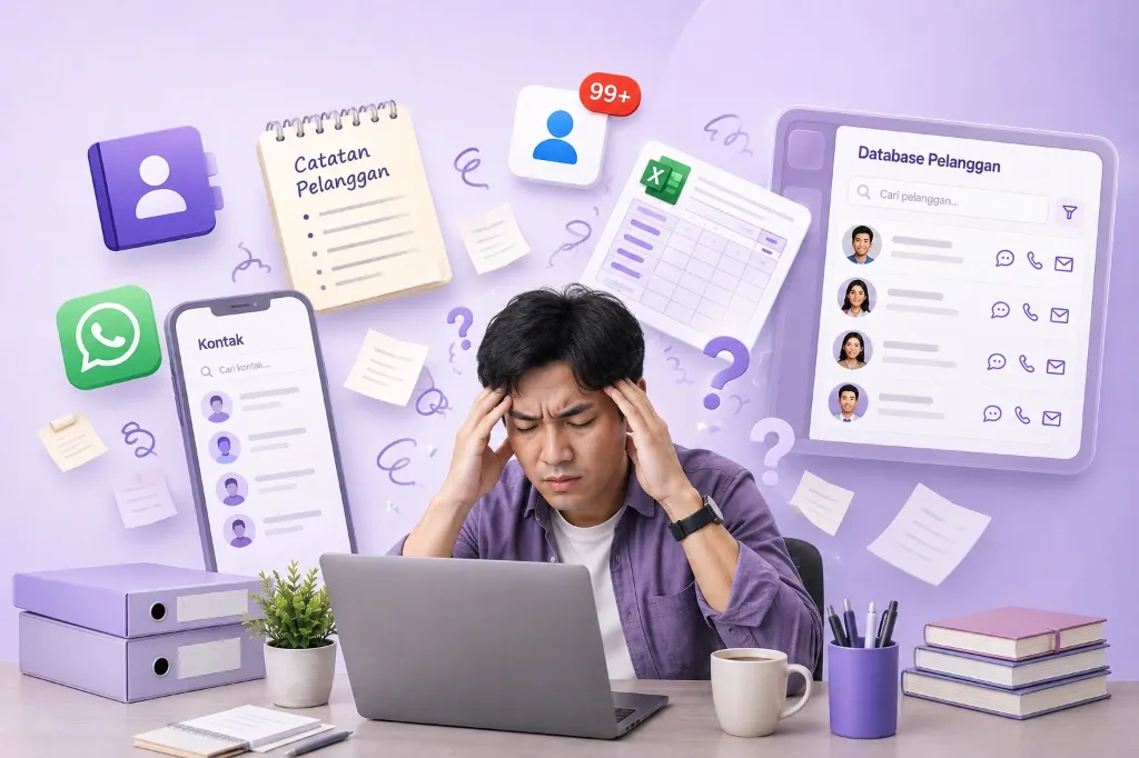 Pemilik bisnis jasa kewalahan mengelola data pelanggan yang tersebar di WhatsApp, Excel, dan catatan buku