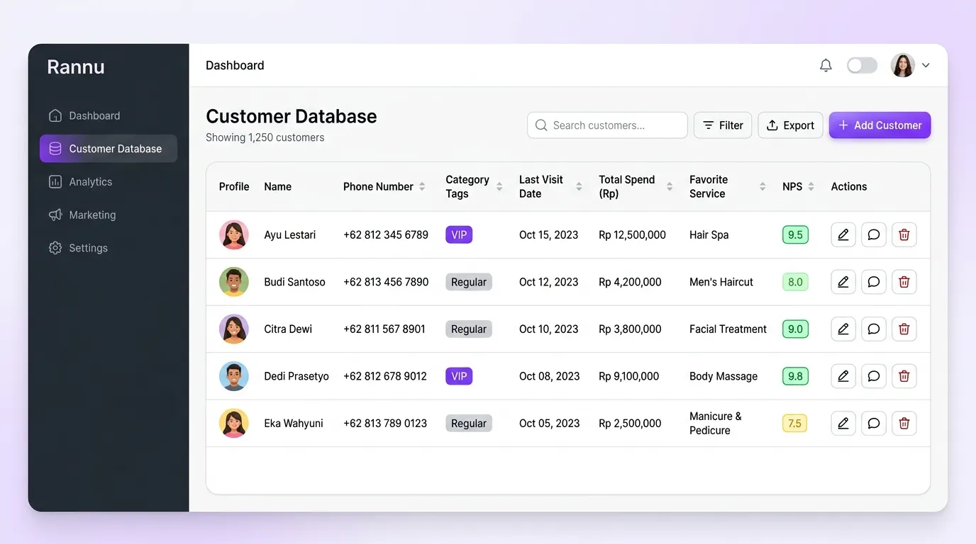Dashboard aplikasi database pelanggan Rannu CRM menampilkan profil pelanggan, riwayat transaksi, dan survei kepuasan