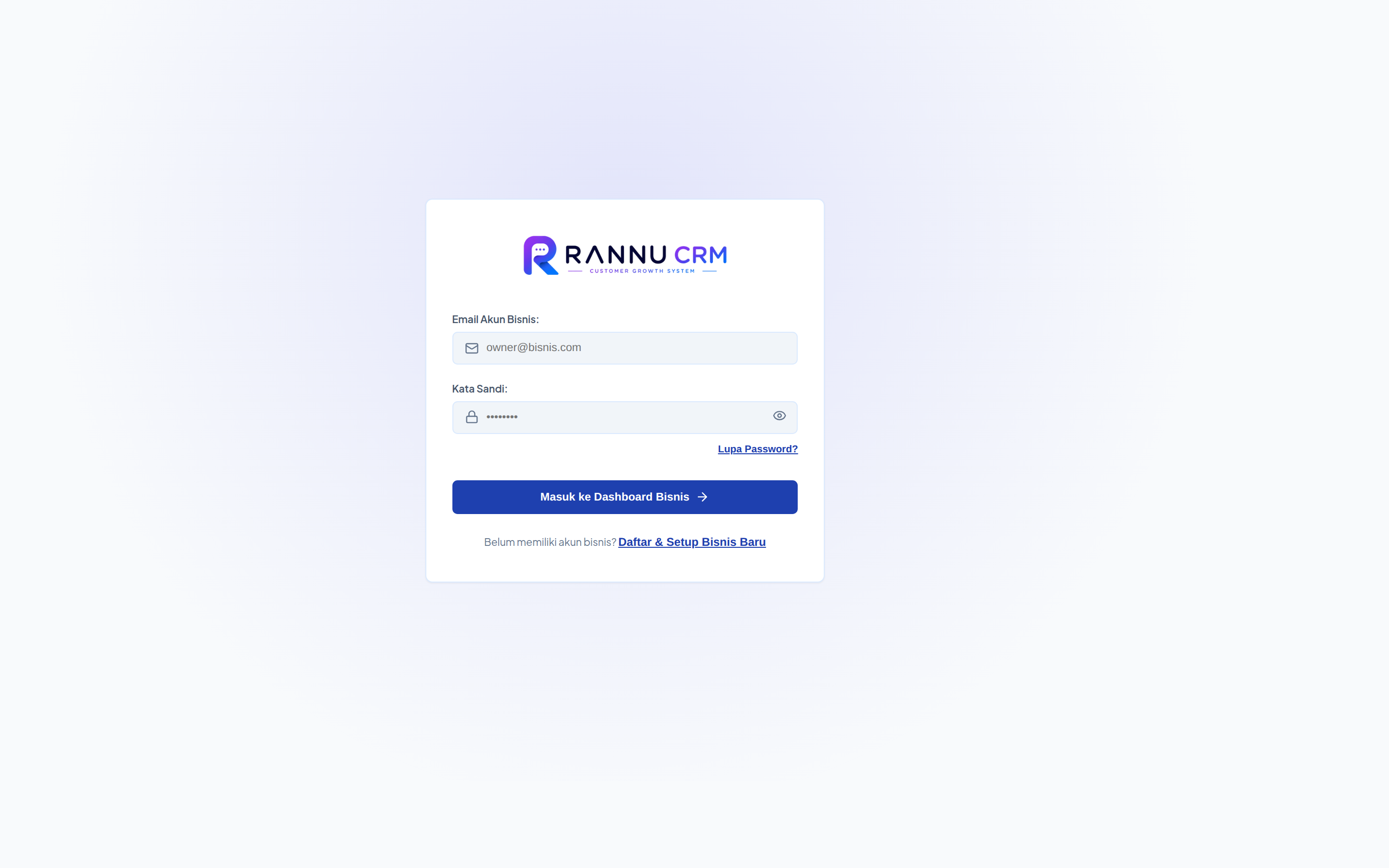 Halaman login Rannu CRM