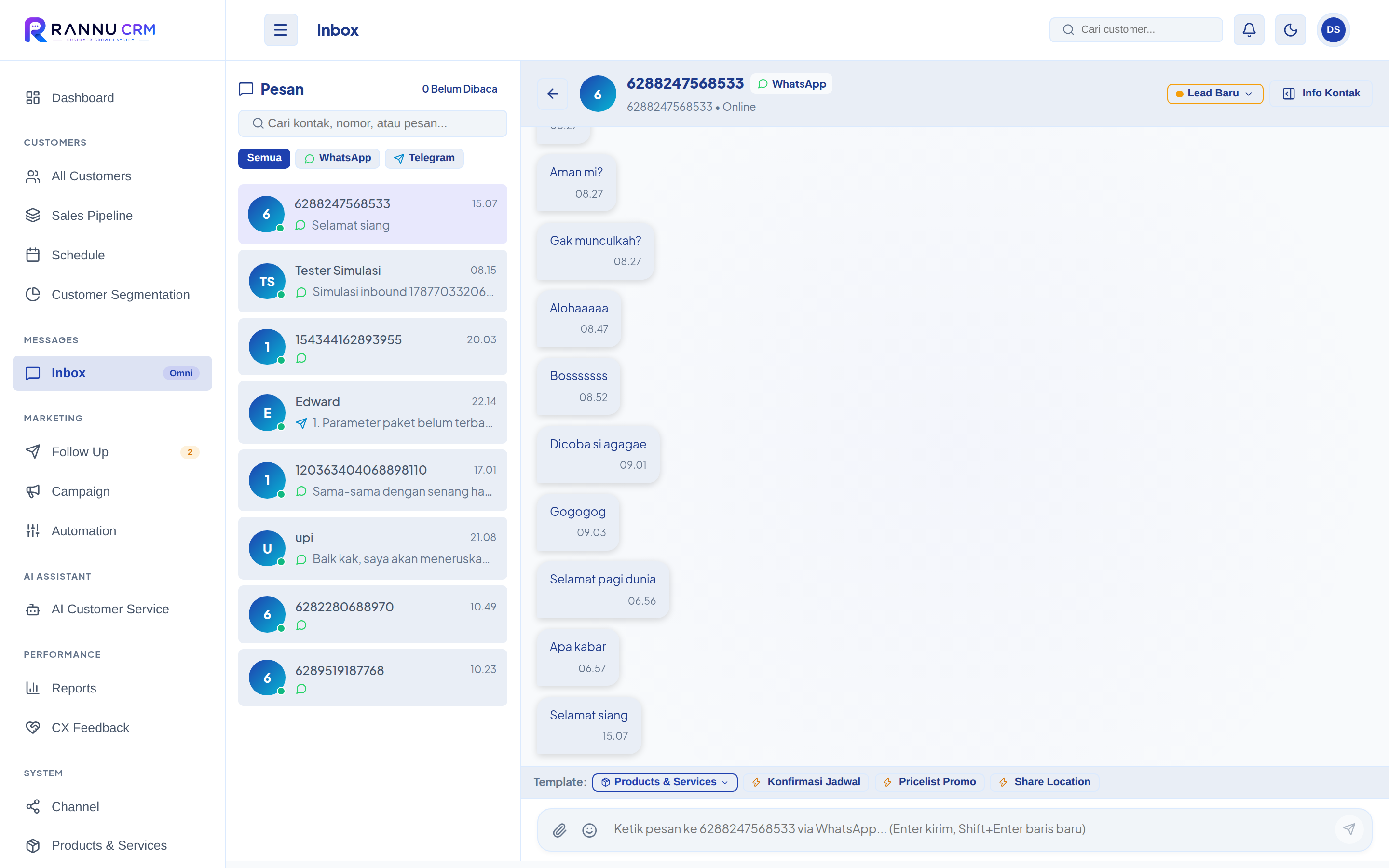 Inbox Rannu CRM setelah WhatsApp tersambung